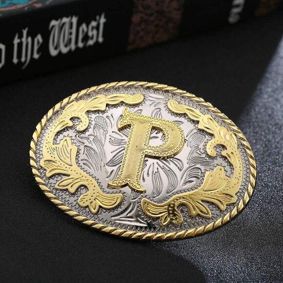 Men's Western Belt Buckle Initial Letter P Cowboy Rodeo Gold Large Belt Buckle - Picture 2 of 5